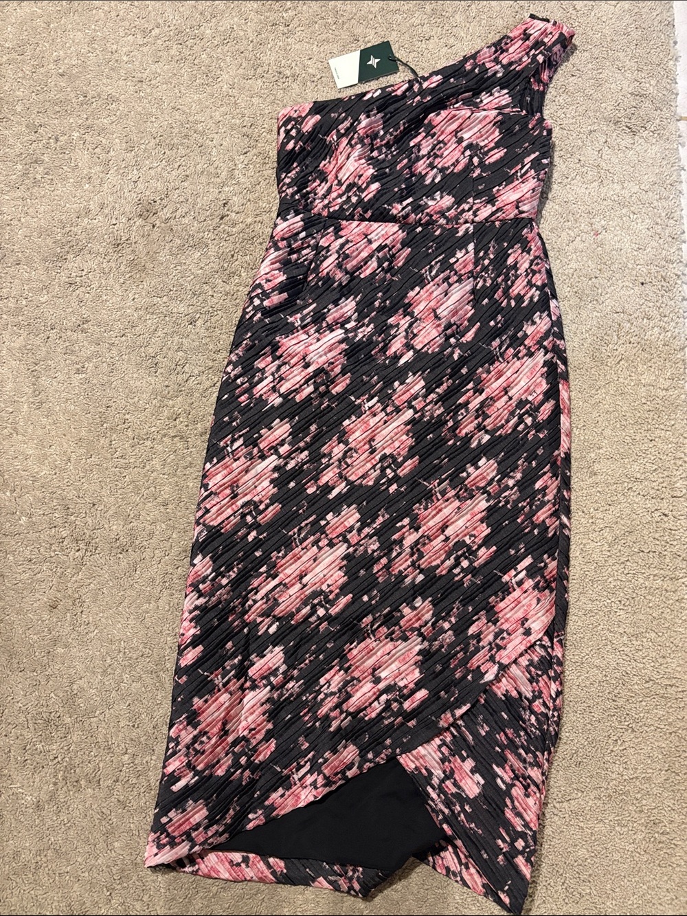 Tuckernuck Pink Black Floral One Shoulder Pleated Midi Dress NWT